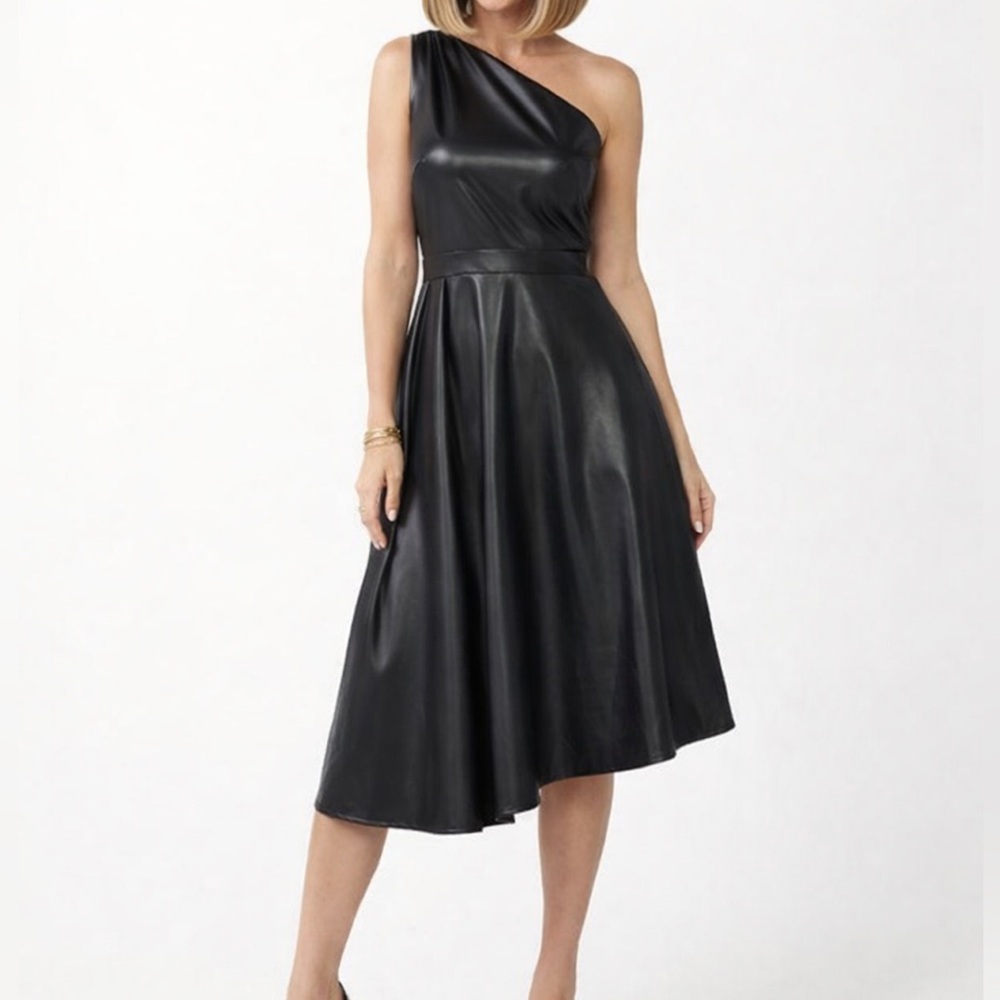 sofia by sofia vergara One-Shoulder Black Faux Leather Midi Dress